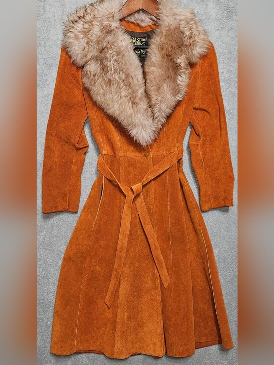 Gastown Talk LTD Jackets & Blazers - Vintage 70s Penny Lane Coat Shearling Collar Burnt Orange Suede Trench Jacket S